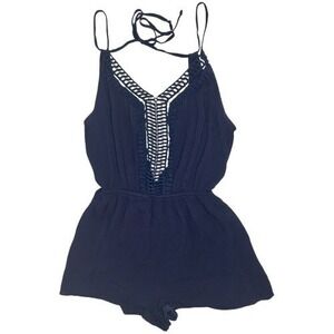 Navy Crochet Lace Trim Romper Women's XS Sleeveless V-Neck Summer One-Piece